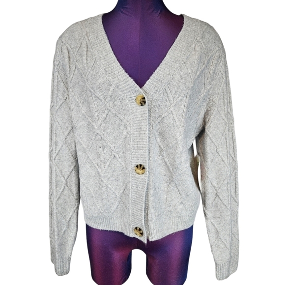 NWT Hazel‎ Moon Heather Gray Argyle Button Front Cardigan Sweater Size Medium R2 - Picture 1 of 9
